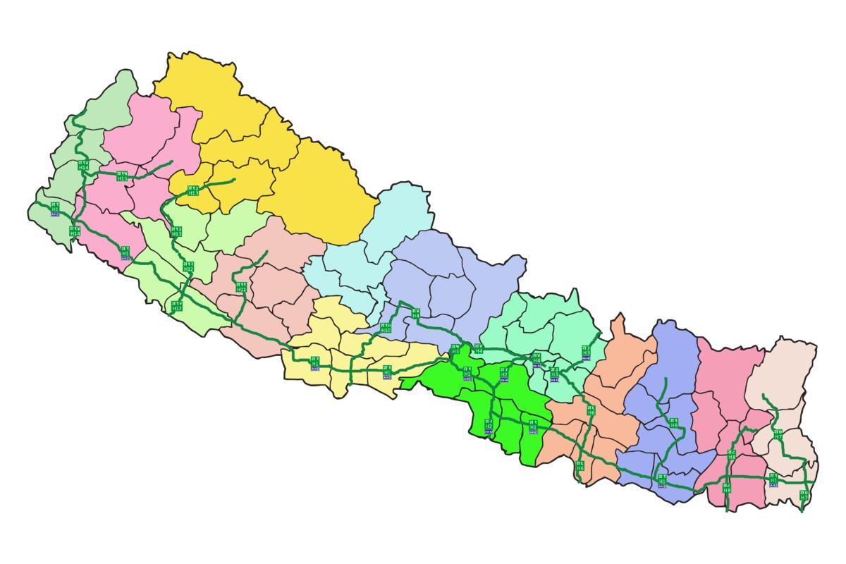 Karta över nepal med större motorvägar