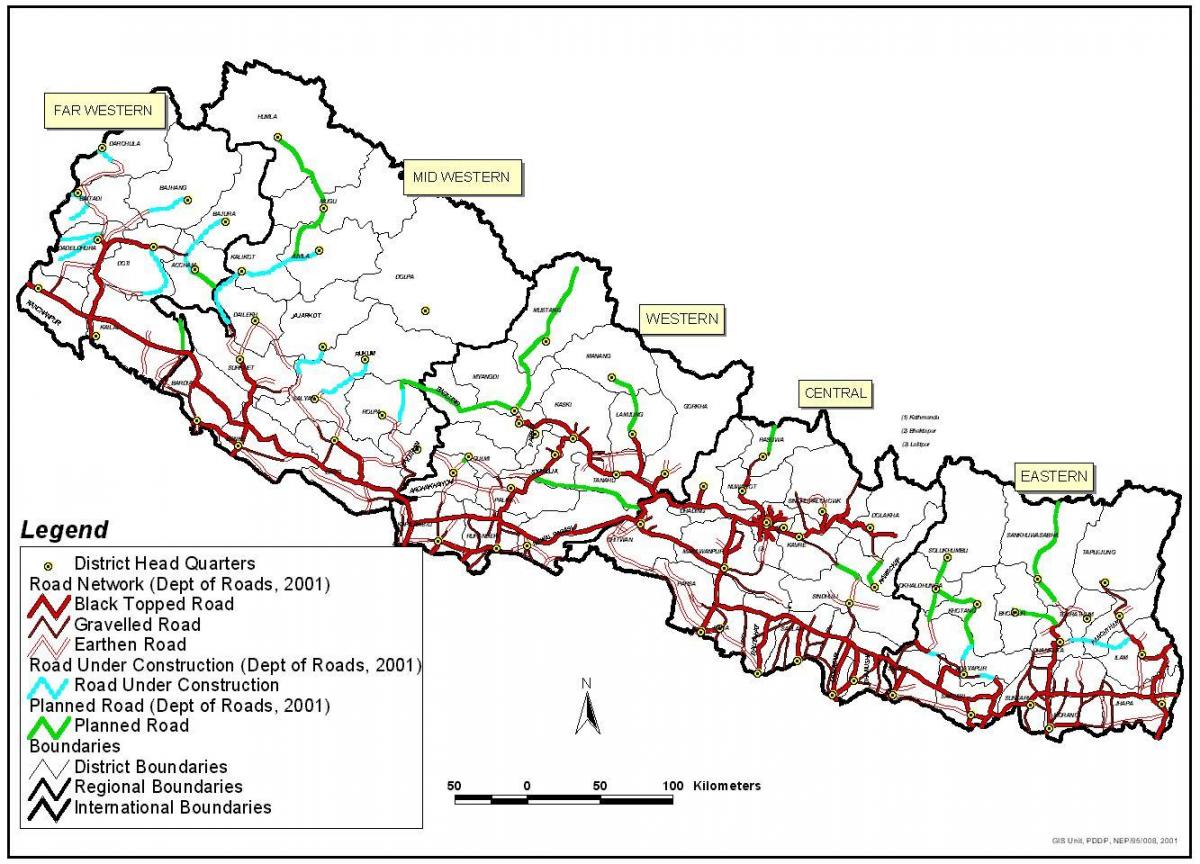 Karta över vägen nepal med distrikten