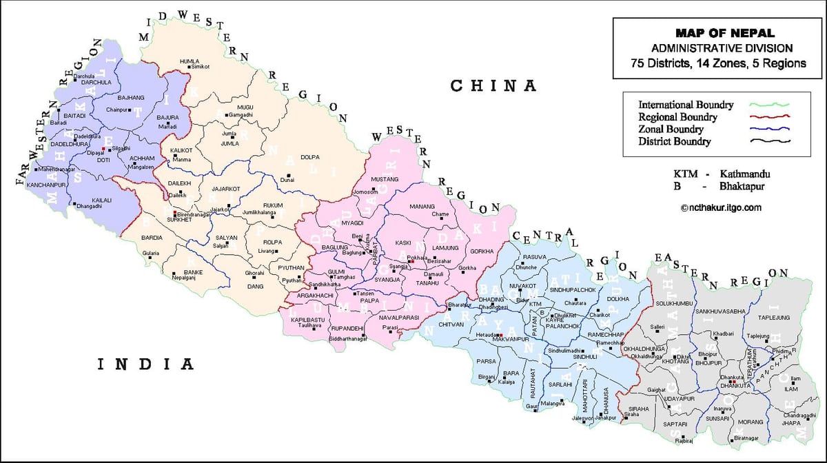 karta över nepal med 75 distrikt