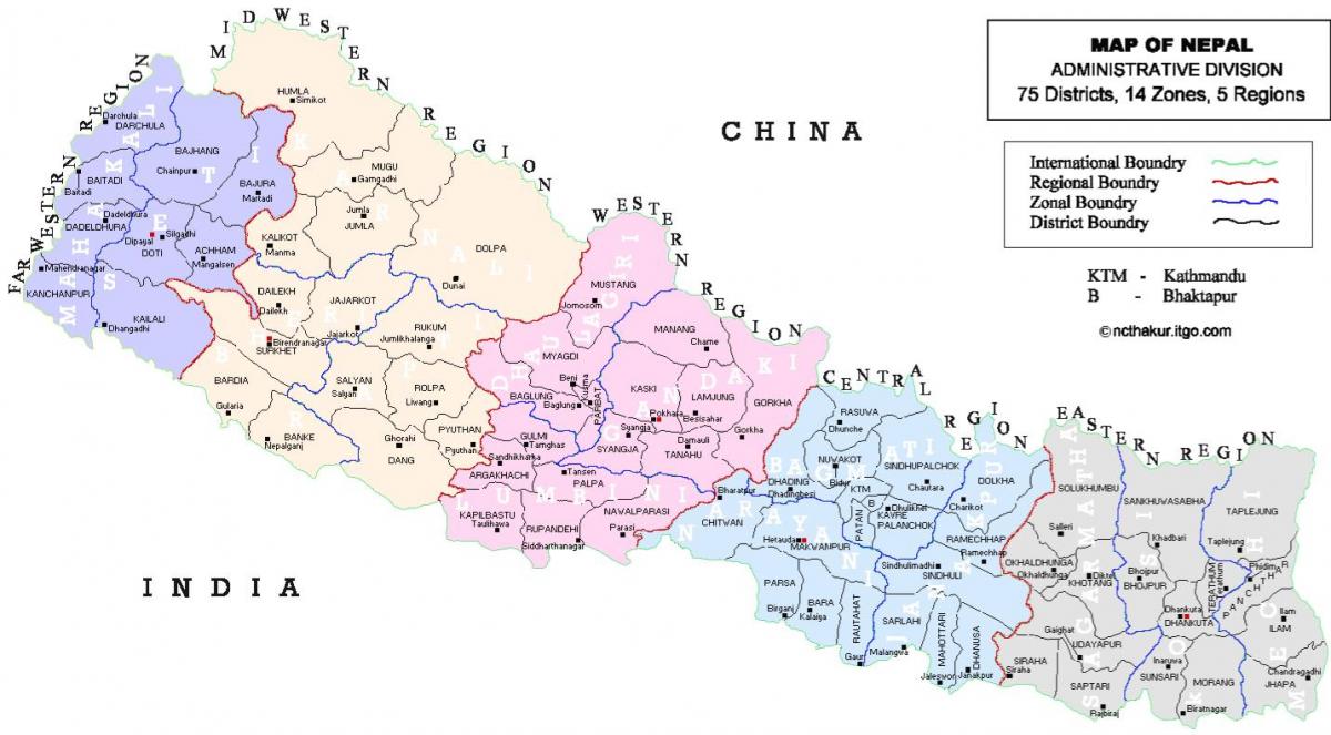 nepal politisk karta med distrikten